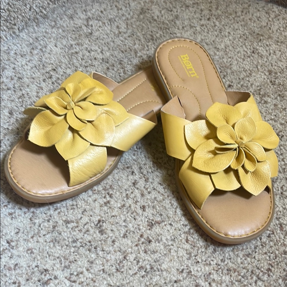 Yellow Tan Floral Slide Sandals